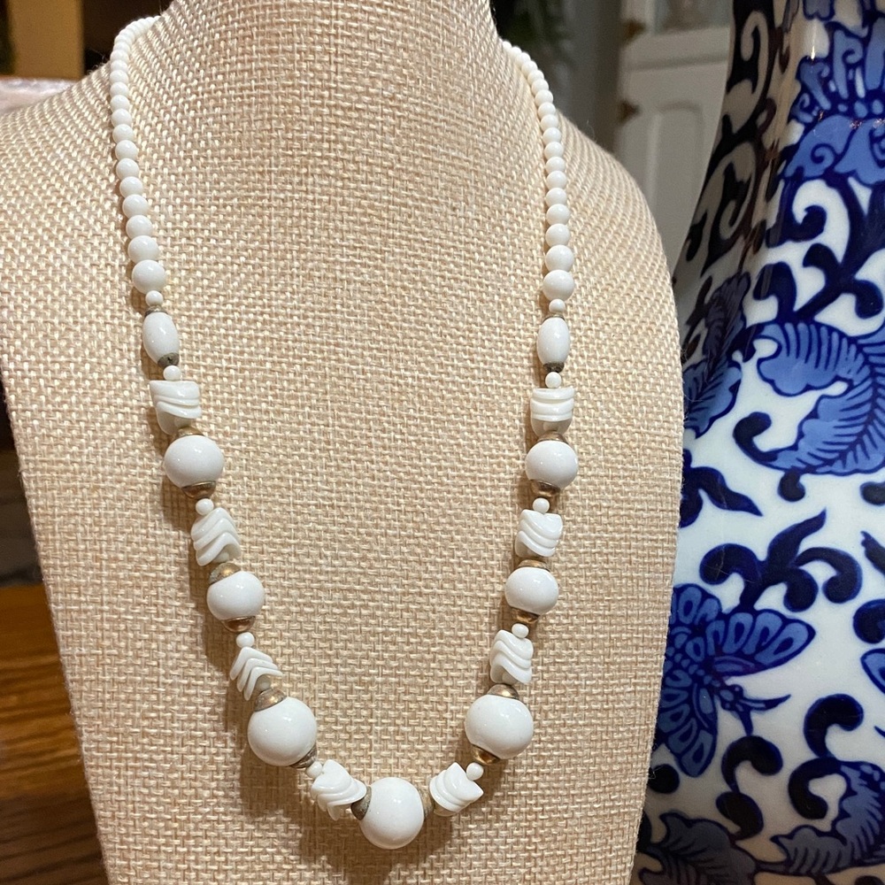 White Milk Glass Bead Statement Necklace